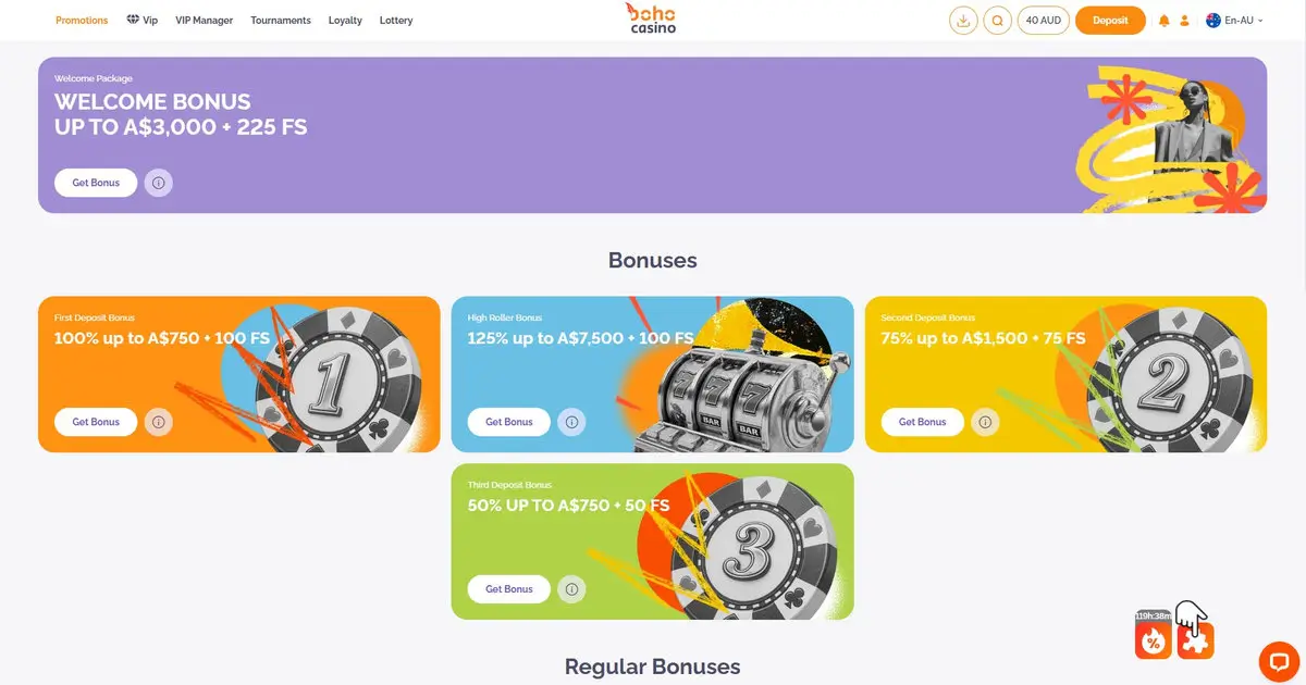 Boho Casino Bonuses page showing Welcome Package up to A$3,000 + 225 FS plus four bonus cards: 1st Deposit Bonus 100% up to A$750 + 100 FS; High Roller Bonus 125% up to A$7,500 + 100 FS; 2nd Deposit Bonus 75% up to A$1,500 + 75 FS; 3rd Deposit Bonus 50% up to A$750 + 50 FS