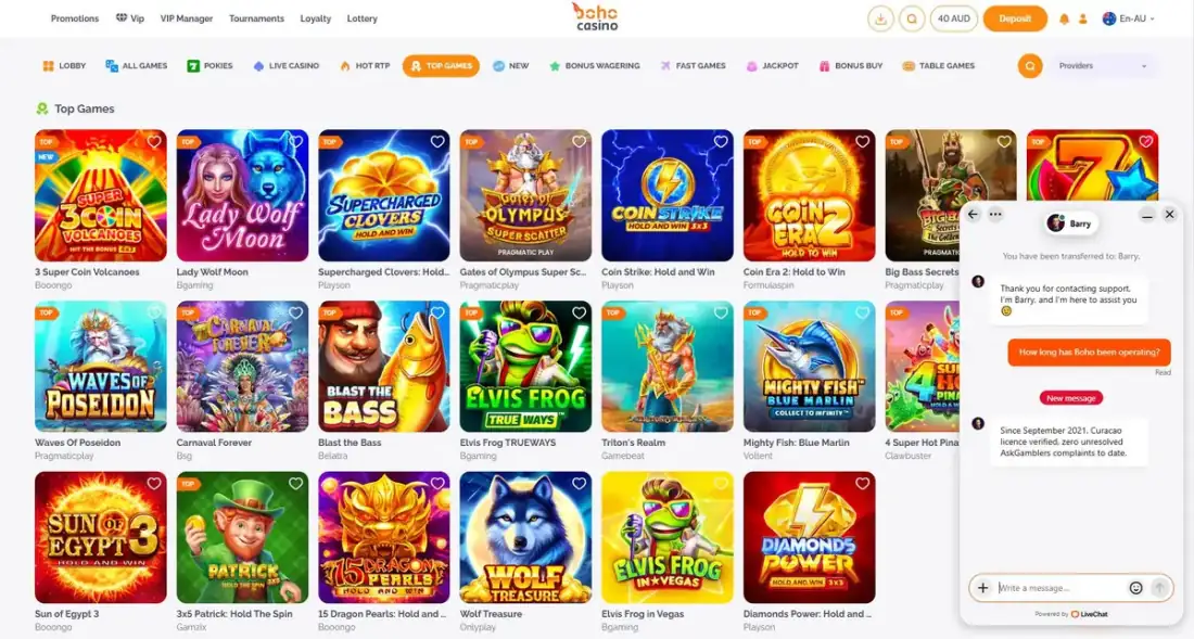 Boho Casino live chat transcript over Top Games lobby: question 'How long has Boho been operating?' answered by agent Barry — Since September 2021, Curacao licence verified, zero unresolved AskGamblers complaints to date