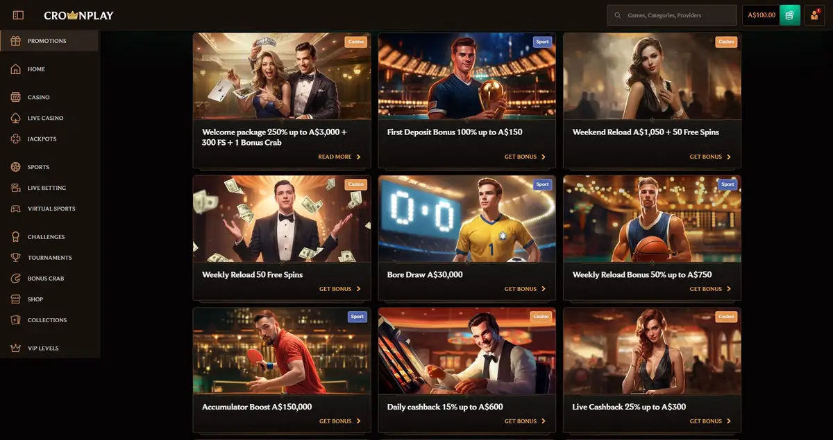 CrownPlay Promotions page: Welcome package 250% up to A$3,000 + 300 FS + 1 Bonus Crab on the top-left tile, with First Deposit Bonus 100% up to A$150, Weekend Reload A$1,050 + 50 Free Spins, Weekly Reload 50 Free Spins, Bore Draw A$30,000, Weekly Reload Bonus 50% up to A$750, Accumulator Boost A$150,000, Daily cashback 15% up to A$600, Live Cashback 25% up to A$300