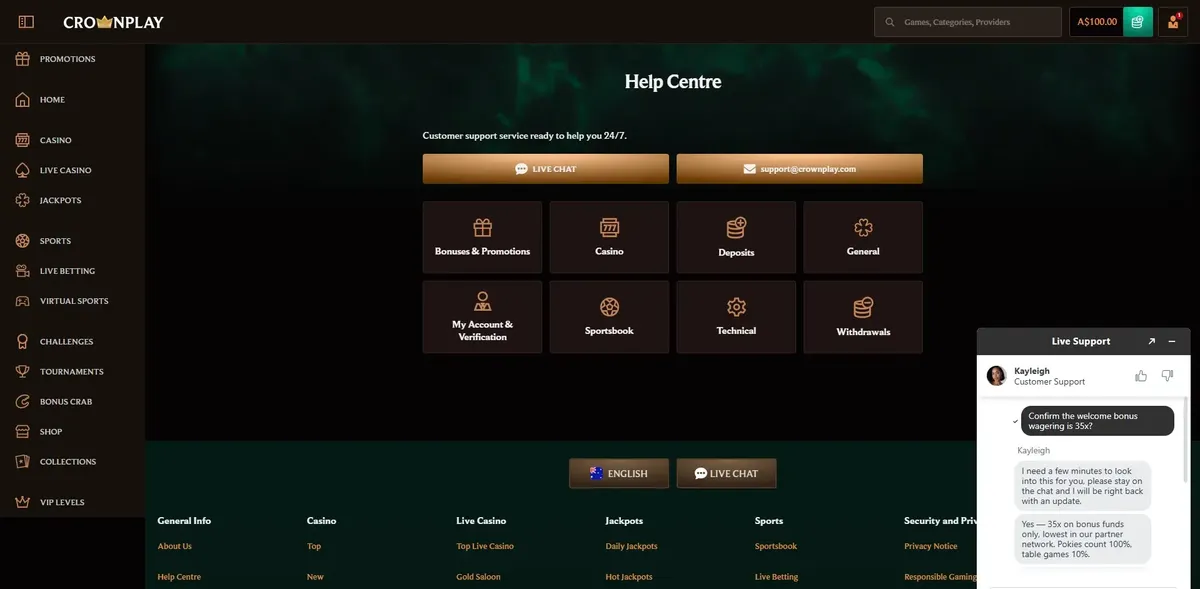 CrownPlay live chat transcript: question 'Confirm the welcome bonus wagering is 35x?' answered by agent Kayleigh — 35x on bonus funds only, lowest in partner network, pokies count 100%, table games 10%