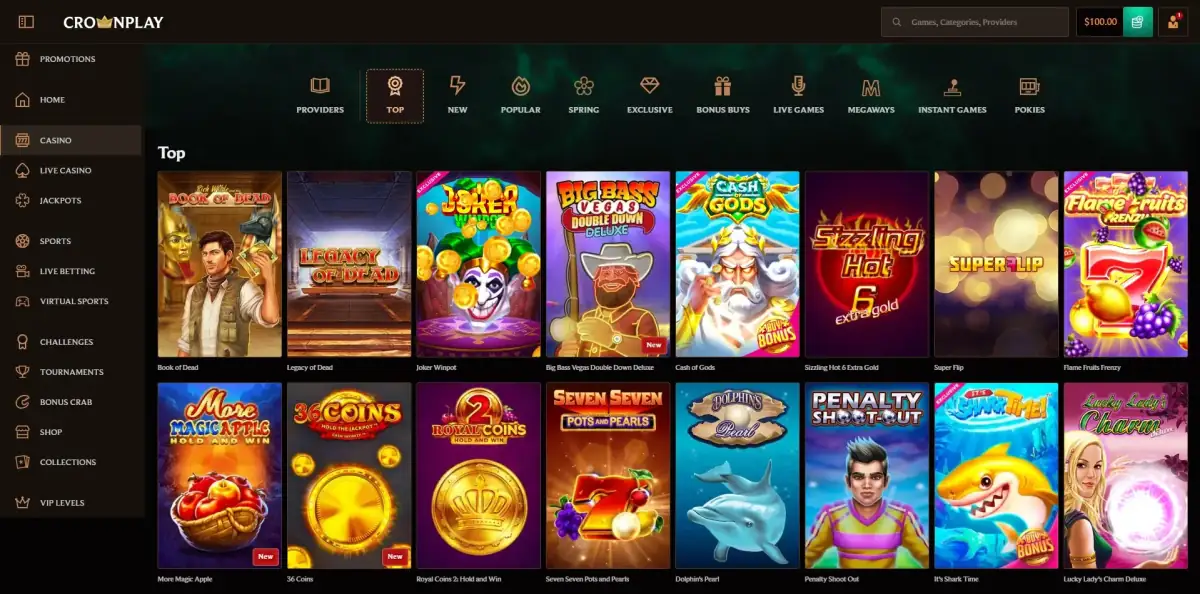 CrownPlay casino lobby in Top filter view: top games grid with Legacy of Dead, Big Bass Hold and Spinner Megaways, Sizzling Hot Deluxe, Royal Coins 2, Sweet Bonanza, Lucky Lady's Charm, Joker Wins; filter tabs Top, New, Popular, Spring, Exclusives, Bonus Buys, Live Games, Megaways, Recent Games, Pokies, Providers; side nav Casino, Live Casino, Jackpots, Sports, Bonus Crab, VIP Levels; A$100 AUD balance