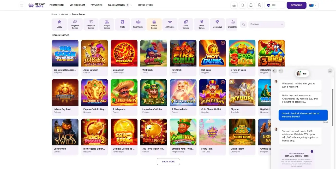 Crownslots live chat transcript: question 'How do I unlock the second tier of welcome bonus?' answered by agent Eva — second deposit needs A$30 minimum, match 75% up to A$1,500, 40x wagering on bonus only