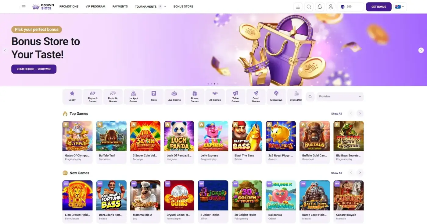 Crownslots casino lobby: Bonus Store hero, top games grid with Gates Of Olympus, Jelly Express, Buffalo Trail, Luck Of Panda, 3 Super Coin Volcanoes, Big Bass Secrets; providers Pragmatic Play, Gamebeat, Booongo, Netgame, Belatra, Gamzix; A$200 balance; tabs Lobby, Playtech Games, Play'n Go Games, Slots, Live Casino, Megaways