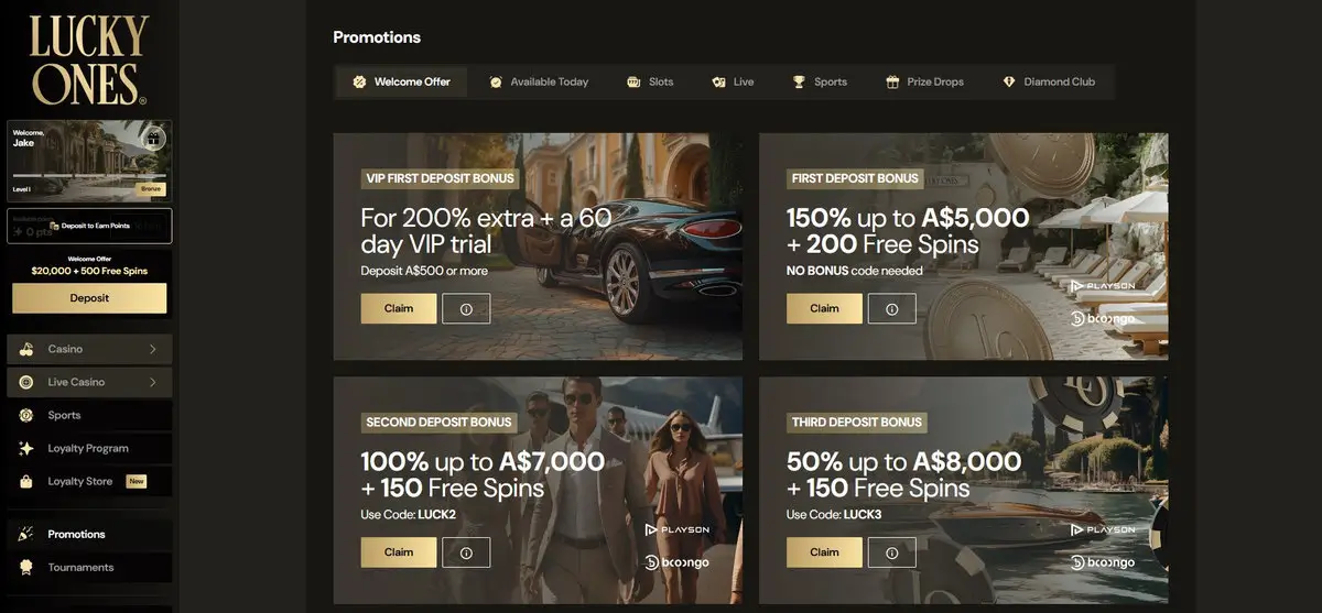 Lucky Ones Promotions page showing four Welcome Offer cards: VIP First Deposit Bonus 200% extra plus 60-day VIP trial (deposit A$500 or more); First Deposit Bonus 150% up to A$5,000 + 200 Free Spins (no code needed); Second Deposit Bonus 100% up to A$7,000 + 150 Free Spins (code LUCK2); Third Deposit Bonus 50% up to A$8,000 + 150 Free Spins (code LUCK3). Total stack A$20,000 + 500 free spins