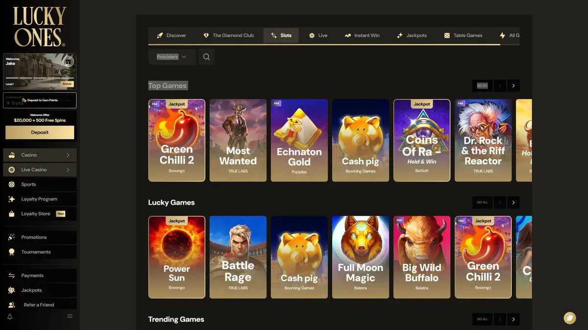 Lucky Ones casino lobby in Slots filter view: top games grid with Green Chilli 2, Most Wanted, Echnaton Gold, Cash pig, Coins Of Ra Hold and Win, Dr. Rock and the Riff Reactor, Power Sun, Battle Rage, Full Moon Magic, Big Wild Buffalo; providers Booongo, TRUE LABS, Popiplay, Booming Games, BetSoft, Belatra; filter tabs Discover, The Diamond Club, Slots, Live, Instant Win, Jackpots, Table Games, All Games; side nav Casino, Live Casino, Sports, Loyalty Program, Loyalty Store, Promotions, Tournaments, Payments, Jackpots, Refer a Friend; Welcome Offer A$20,000 + 500 Free Spins visible