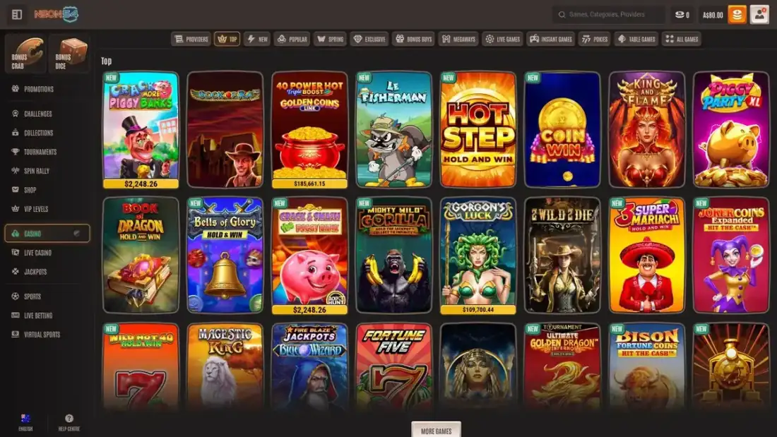 Neon54 casino lobby in Top filter view: top games grid with Crack More Piggy Banks, Book of Ra, 40 Power Hot Triple Boost Golden Coins, Le Fisherman, Hot Step Hold and Win, King and Flame, Piggy Party XL, Book of Dragon, Bells of Glory, Mighty Wild Gorilla, Gorgon's Luck; jackpots A$2,248 and A$185,661 visible; filter tabs Providers, Top, New, Popular, Spring, Exclusive, Bonus Buys, Megaways, Live Games, Instant Games, Pokies, Table Games, All Games; side nav Bonus Crab, Bonus Dice, Spin Rally, VIP Levels, Casino, Live Casino, Sports; A$80 AUD balance