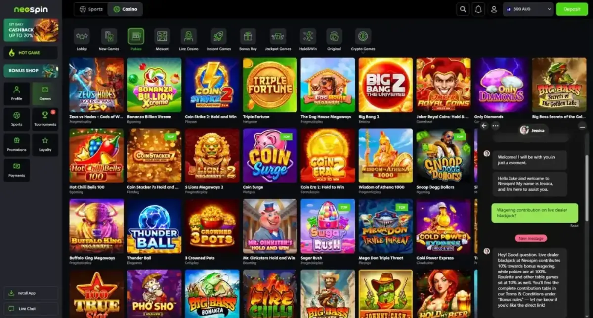 Neospin live chat transcript: question 'Wagering contribution on live dealer blackjack?' answered by agent Jessica — live blackjack 10%, pokies 100%, Bonus T&Cs section 4.2