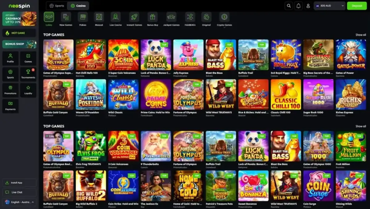 Neospin casino lobby: top games grid with Gates of Olympus, Sugar Rush 1000, Hot Chilli Bells 100, Buffalo Trail, Luck Of Panda, Big Bang 2, Wild West TRUEWAYS; providers Pragmatic Play, Booming, Belatra, Booongo, Gamebeat; A$300 AUD balance, categories Lobby, Pokies, Live Casino, Crypto Games