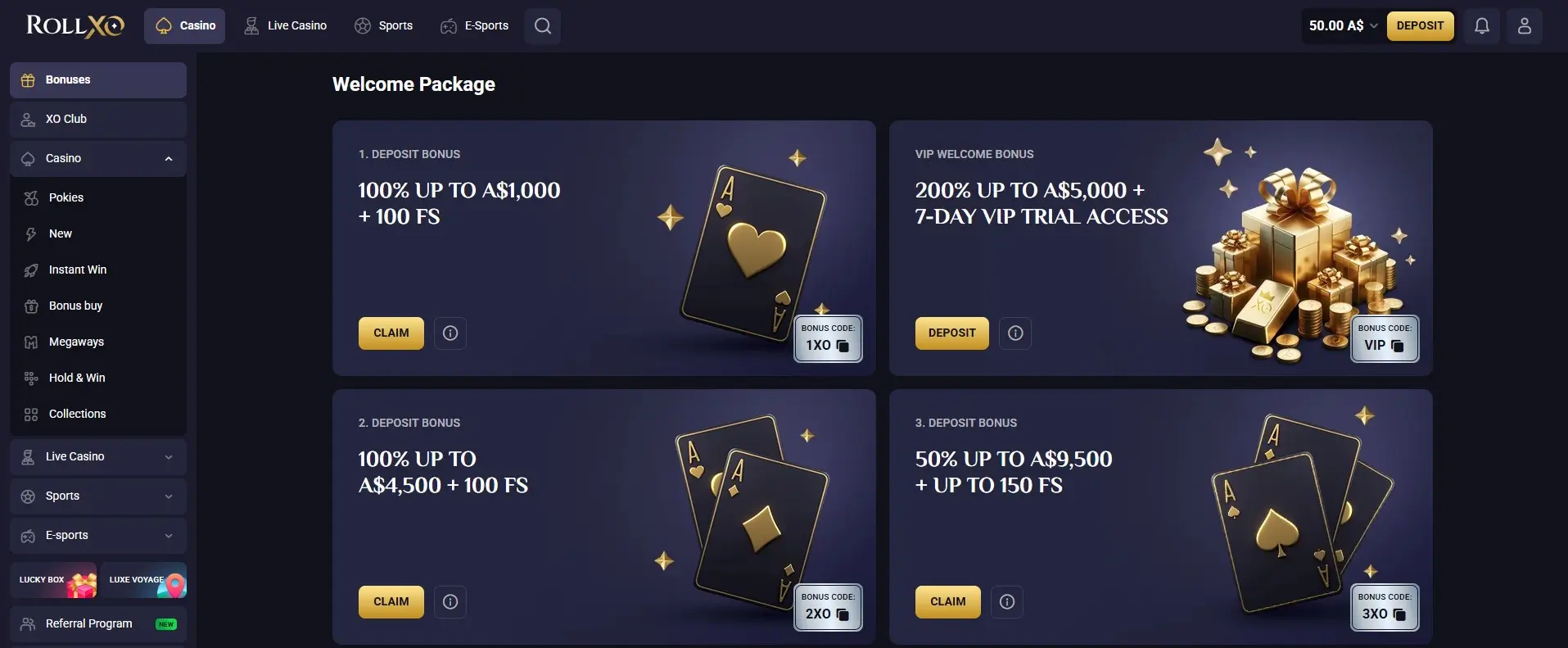 RollXO Welcome Package screen showing four bonus offers: 1. Deposit Bonus 100% up to A$1,000 + 100 FS (code 1XO); VIP Welcome Bonus 200% up to A$5,000 + 7-day VIP trial access (code VIP); 2. Deposit Bonus 100% up to A$4,500 + 100 FS (code 2XO); 3. Deposit Bonus 50% up to A$9,500 + up to 150 FS (code 3XO)