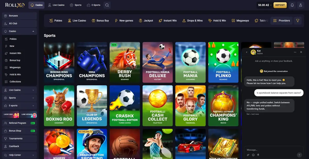RollXO live chat transcript: question 'Is sportsbook balance separate from casino?' answered by agent Kat — single unified wallet, switch between AFL/NRL bets and pokies without transferring funds