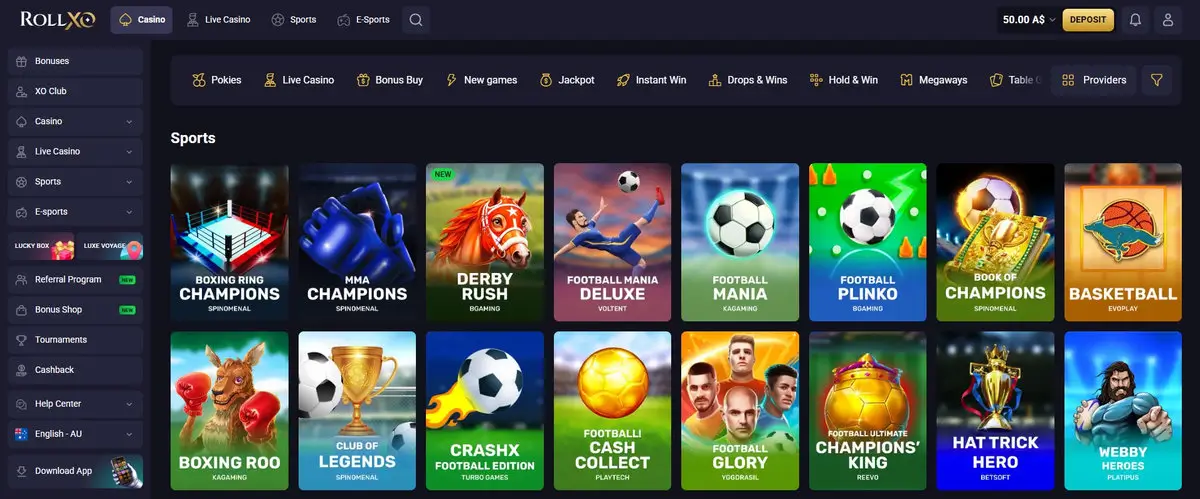 RollXO casino lobby in Sports section: sport-themed pokies grid with Boxing Ring Champions, MMA Champions, Derby Rush, Football Mania Deluxe, Football Plinko, Book of Champions, Basketball, Boxing Roo, Club of Legends, CrashX Football Edition, Football Cash Collect, Football Glory, Football Ultimate Champions King, Hat Trick Hero, Webby Heroes; top nav Casino, Live Casino, Sports, E-Sports; A$50 AUD balance