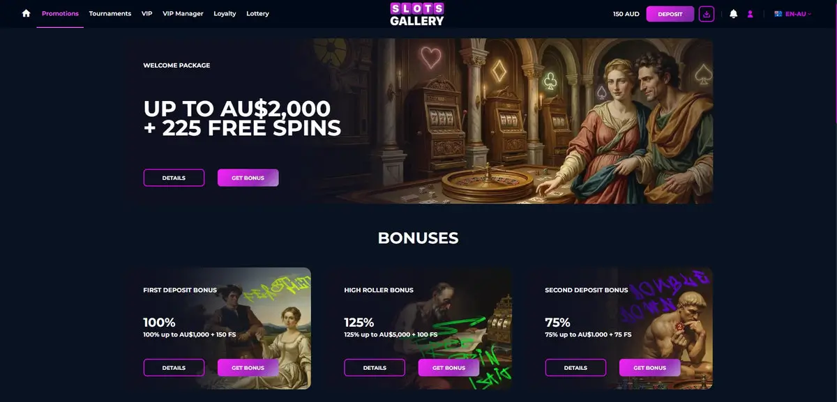 Slots Gallery Promotions page with Welcome Package banner UP TO AU$2,000 + 225 Free Spins, plus three bonus tiles: First Deposit Bonus 100% up to AU$1,000 + 150 FS, High Roller Bonus 125% up to AU$5,000 + 100 FS, Second Deposit Bonus 75% up to AU$1,000 + 75 FS — totalling A$2,000 + 225 Free Spins across the two regular deposits