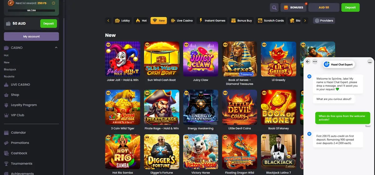 Spinline live chat transcript over the New games lobby: question 'When do free spins from the welcome activate?' answered by agent Hazel Chat Expert — first 200 FS auto-credit on first deposit, remaining 900 spread over deposits 2-4 (300 each), totalling 1,100 free spins