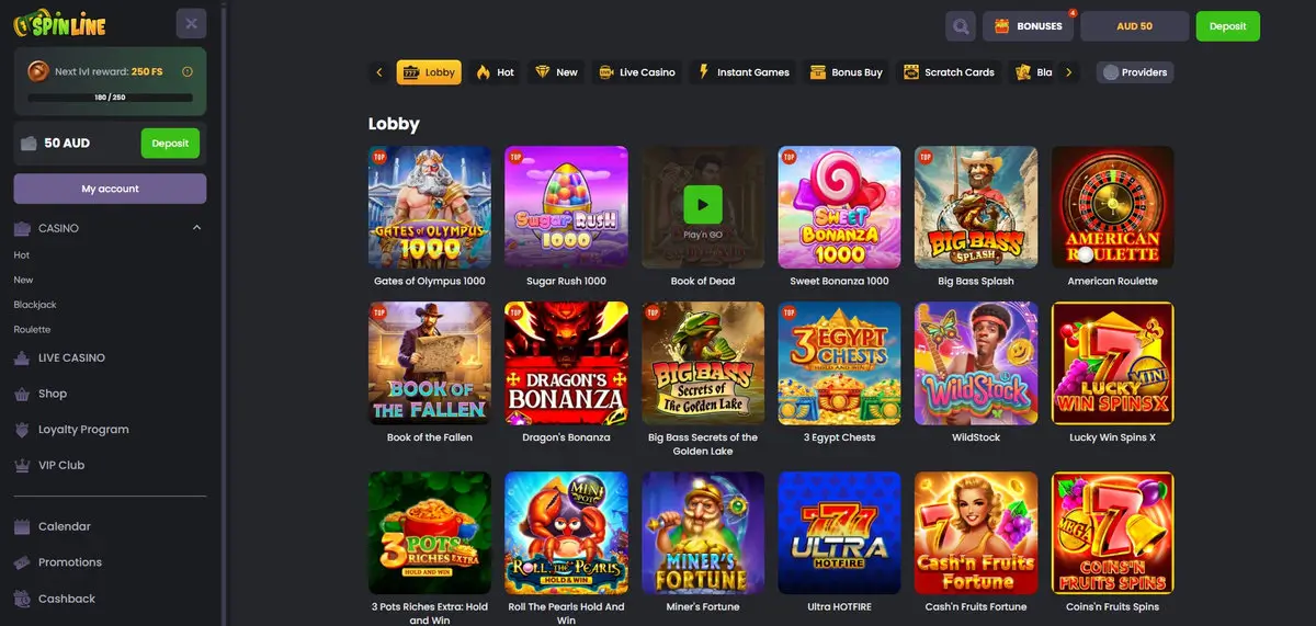 Spinline casino lobby showing top games grid: Gates of Olympus 1000, Sugar Rush 1000, Book of Dead, Sweet Bonanza 1000, Big Bass Splash, American Roulette, Book of the Fallen, Dragon's Bonanza, Big Bass Secrets of the Golden Lake, 3 Egypt Chests, WildStock, Lucky Win Spins X, 3 Pots Riches Extra: Hold and Win, Roll The Pearls Hold And Win, Miner's Fortune, Ultra HOTFIRE; loyalty progress 180/250 toward next 250 FS reward; AUD 50 balance; side nav with Loyalty Program and VIP Club