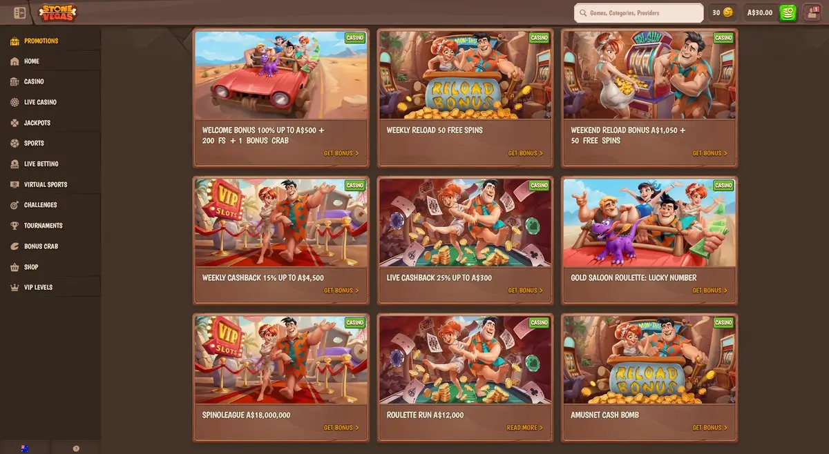 Stonevegas Promotions page showing nine bonus tiles: Welcome Bonus 100% up to A$500 + 200 FS + 1 Bonus Crab, Weekly Reload 50 Free Spins, Weekend Reload Bonus A$1,050 + 50 Free Spins, Weekly Cashback 15% up to A$4,500, Live Cashback 25% up to A$300, Gold Saloon Roulette Lucky Number, Spinoleague A$18,000,000, Roulette Run A$12,000, Amusnet Cash Bomb