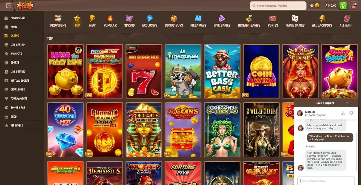 Stonevegas live chat transcript over Top Games lobby: question 'What does the Bonus Crab feature actually pay?' answered by agent Mafalda — First-deposit Bonus Crab spawns randomly with possible rewards 25/50/100 free spins or A$5/A$10/A$25 cash, fixed pool, roughly 1 in 8 hits the higher tiers