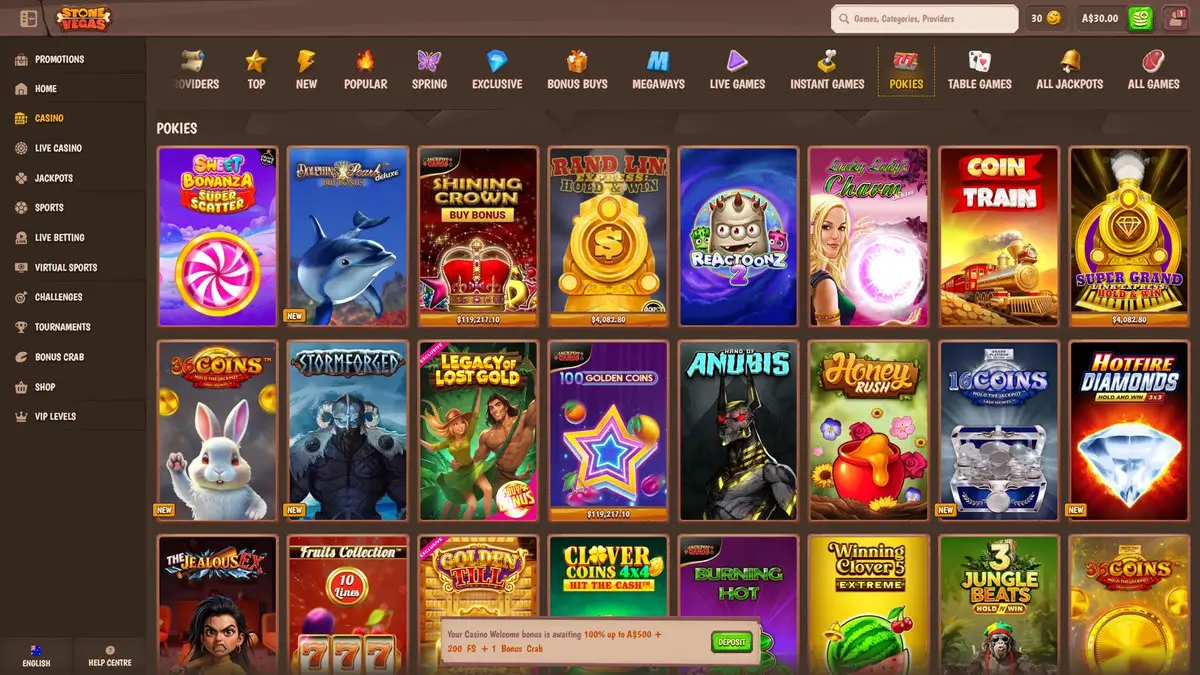 Stonevegas lobby in Pokies tab: Sweet Bonanza Super Scatter, Dolphin's Pearl Deluxe, Shining Crown, Grand Link, Reactoonz, Lucky Lady's Charm, Coin Train, Super Grand, 36 Coins, Stormforged, Legacy of Lost Gold, 100 Golden Coins, Anubis, Honey Rush, 16 Coins, Hotfire Diamonds; tabs Providers, Top, New, Popular, Spring, Exclusive, Bonus Buys, Megaways, Live Games, Instant Games, Pokies, Table Games, All Jackpots, All Games; welcome banner showing 100% up to A$500 + 200 FS + 1 Bonus Crab